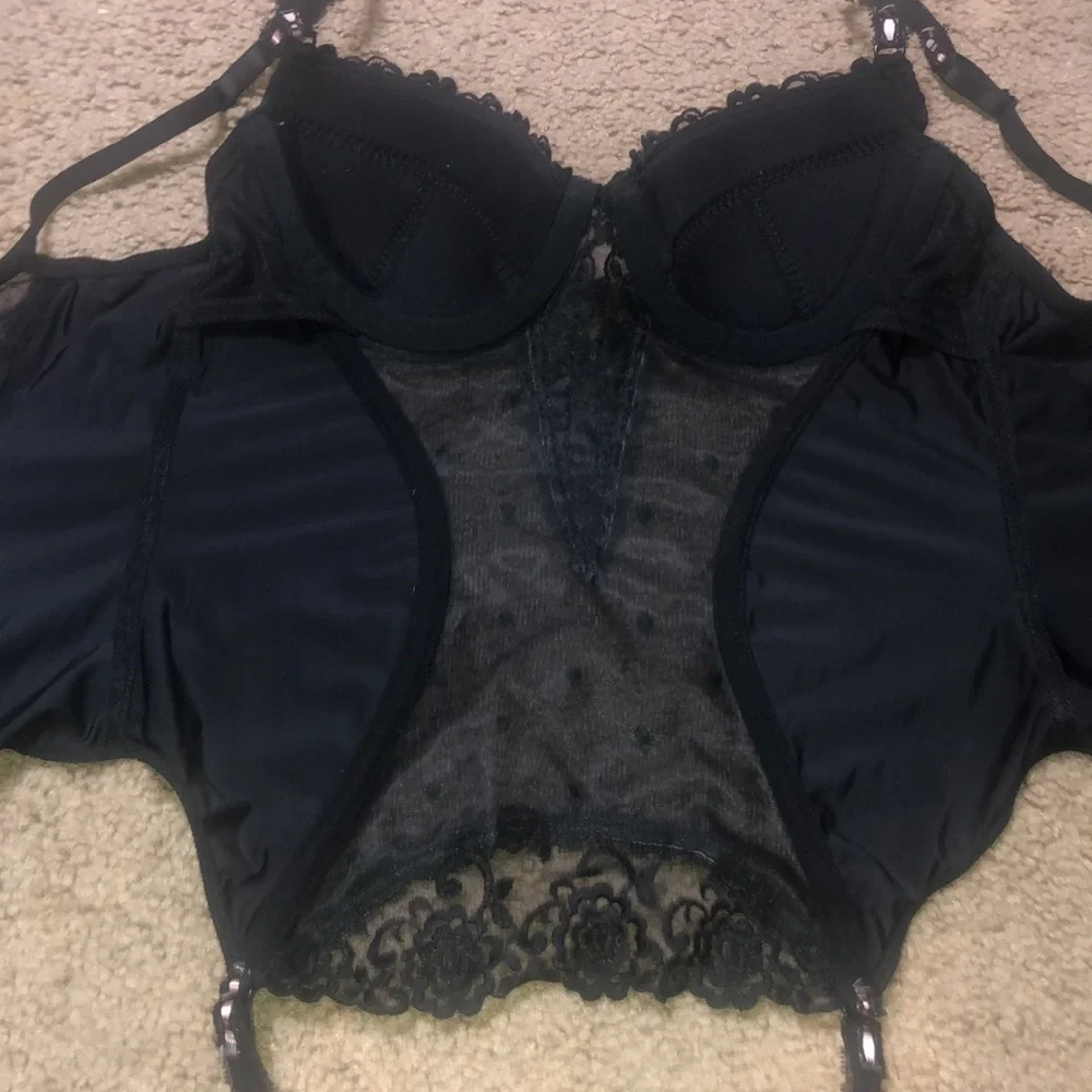 Adore Me Floral Lace Polka Dot Mesh Satin Corset Bustier Black Pink‎ Ribbon 34B